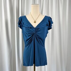 Vintage Susie Blue Twist Front Ruffle Sleeve V Neck Top Size M